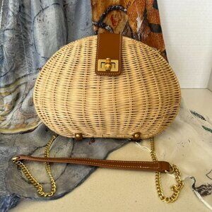 Talbots Clamshell Straw Crossbody Bag w/Leather Strap & Gold-Tone Chain